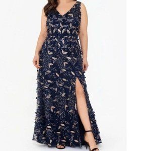 Xscape Navy Blue Floral Embellished Maxi Dress with Cream Accents